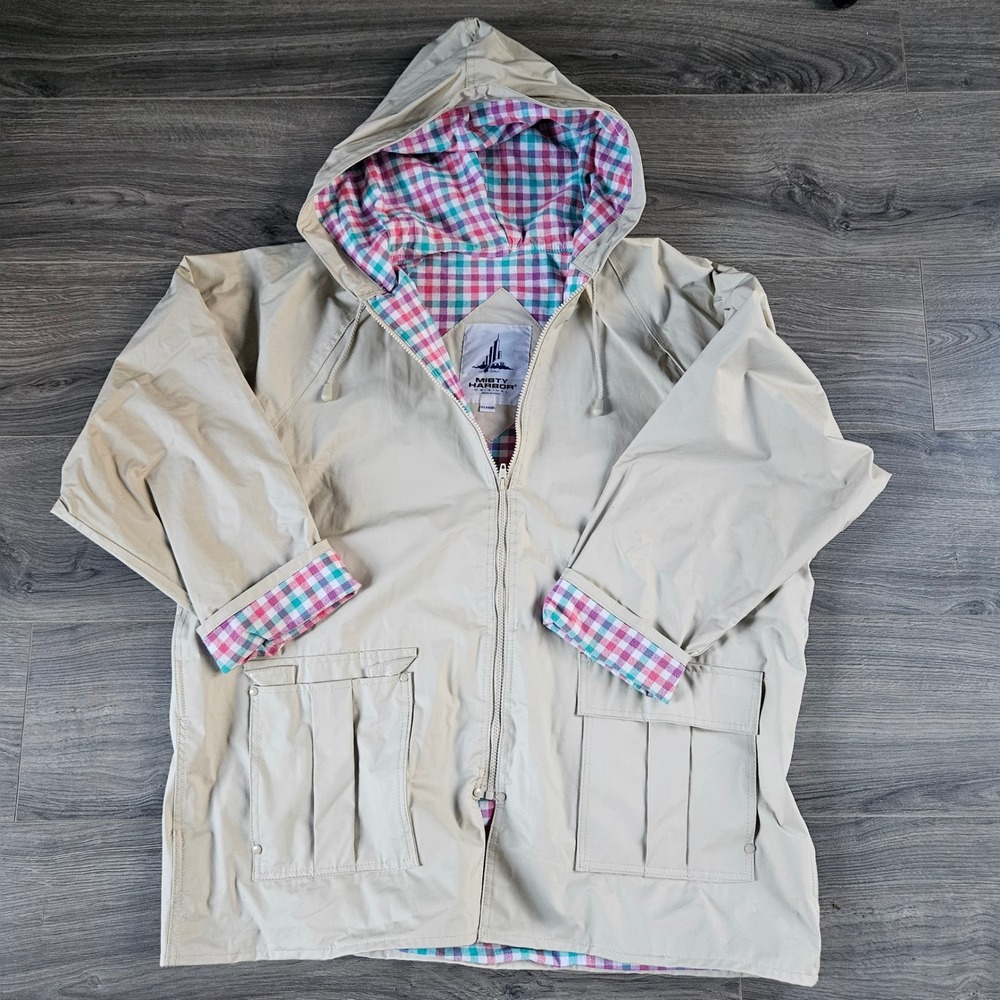 Misty Harbor Beige Hooded Rain Jacket Gingham Plaid Lined XL WA6214-0218
